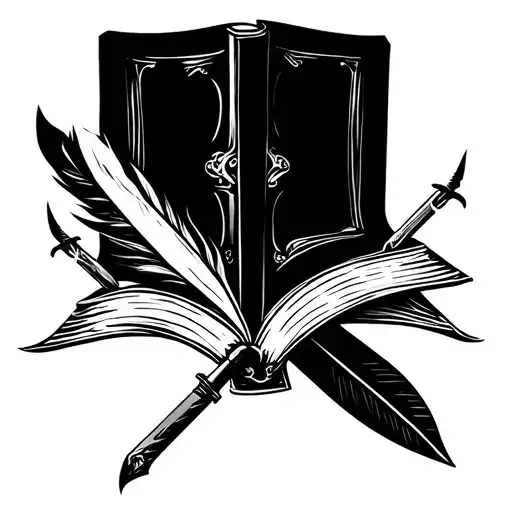 Open Book With A Closed Book Underneath With A Writers Quill And Two Daggers Elegant