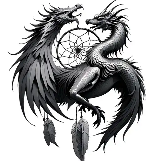 Phoenix And Dragon In Front Of Dream Catcher