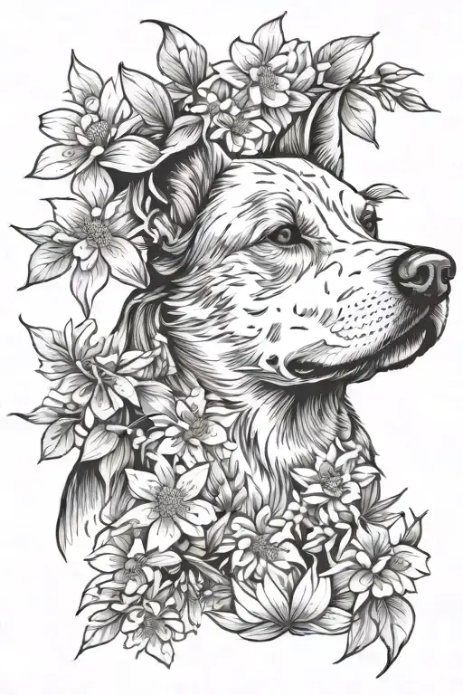 Dog Head With Daisies And Japanese Cherry Blossom Trees Around The Head