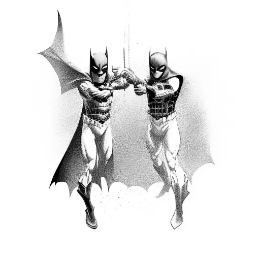 A Black And Grey Portrait Of Batman And Spider-man Engaged In Combat