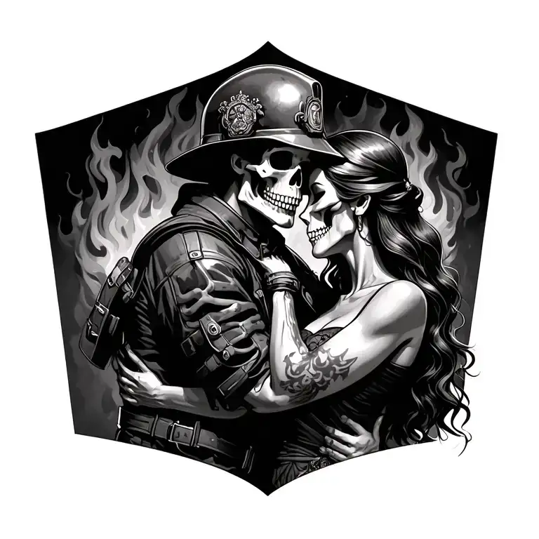 Skeleton Fire Fighter Hugging A Lady