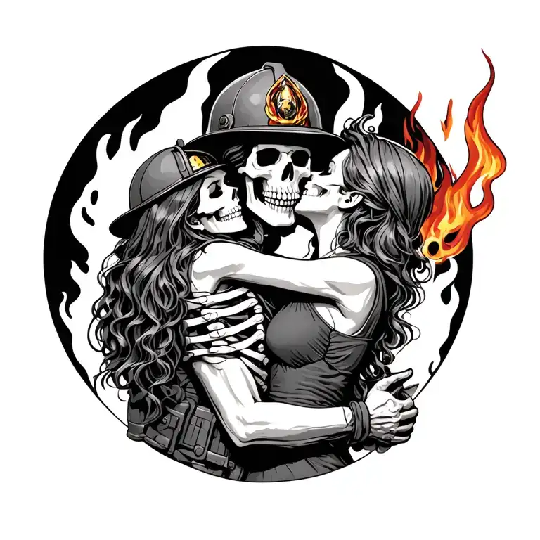 Skeleton Fire Fighter Hugging A Lady