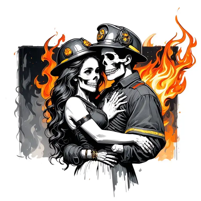 Skeleton Fire Fighter Hugging A Lady