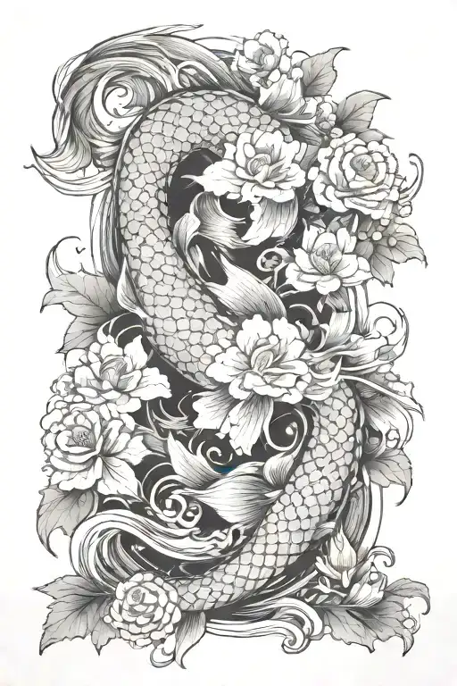 A Koi Carp With Waves Going Up Towards A Dragon Surrounded By Japanese Flowers