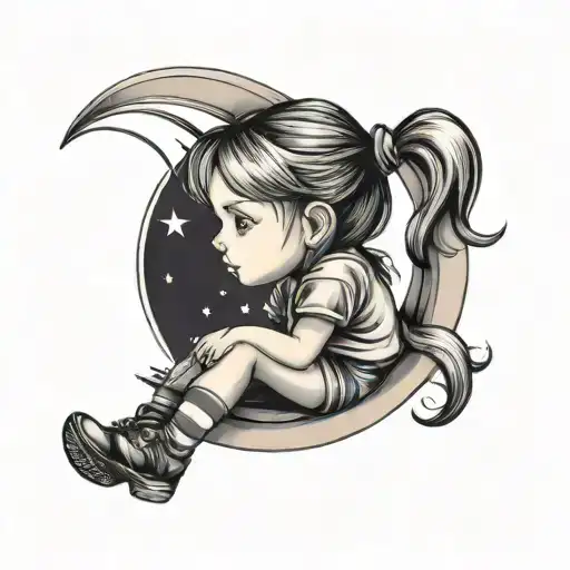 Silhoutte Little Girl With Pigtails Sitting On A Crescent Moon