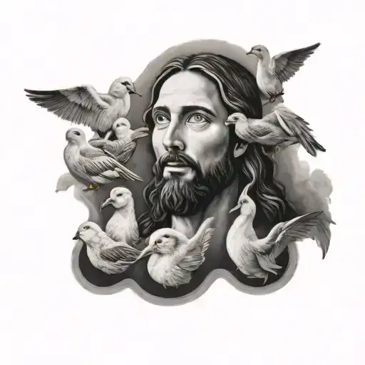 A Detailed Portrait Of Jesus Surrounded By A Flock Of Ducks