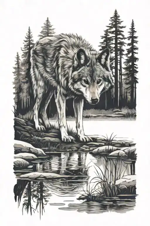 Whole Wolf Body In A Forest Looking Into A Puddle Seeing The Reflection
