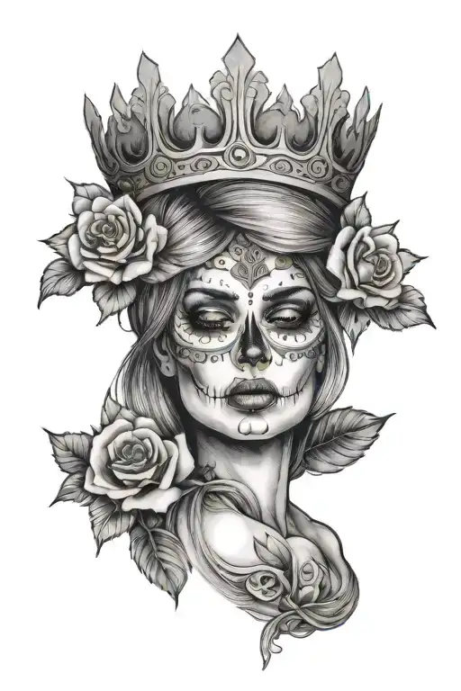 Woman With Flower In Her Hair With Skull Wearing A Crown