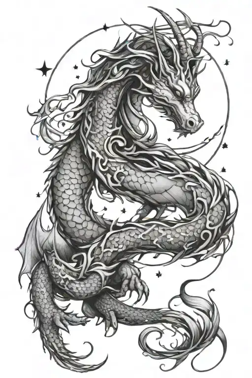 A Beautiful Feminine Dragon With Moon And Stars