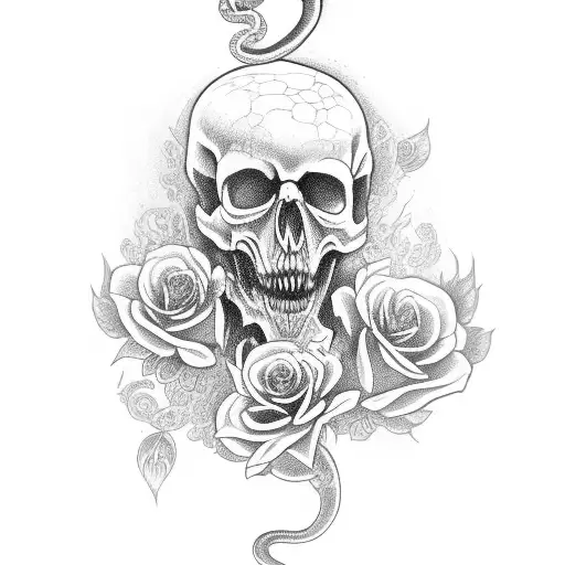 Broken Skull With Snake And Flowers
