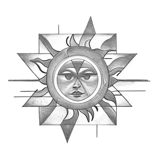 Geometric Sun Tattoo With Mountains With Water That Surrounds With Big Rhombus Shape