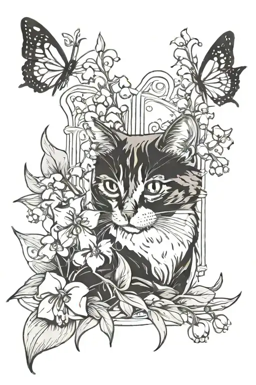 Lily Of The Valley Flower With A Black And White Cat And A Robin