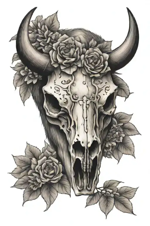 Bison And Wolf Skull With Lilacs