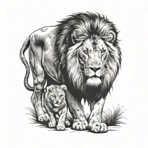 Male Lion Standing Over Its Cub