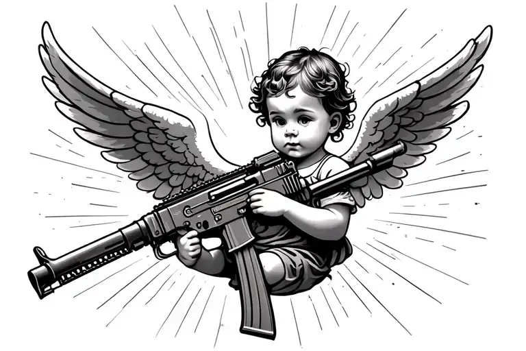 Flying Baby Angel Holding An Ak47 With Clouds In The Background And Light Rays