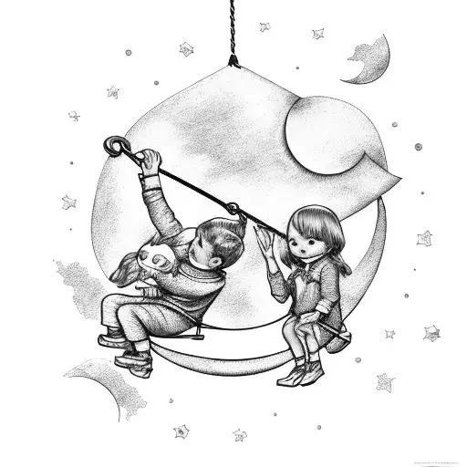 3 Children Sitting On A Swing Attached To The Crescent Moon