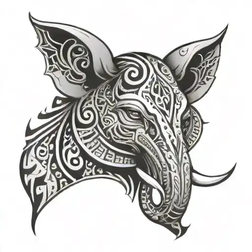 Create An Tattoo Design Inspired By Elephant And Wolf Face With Tribal Symbols