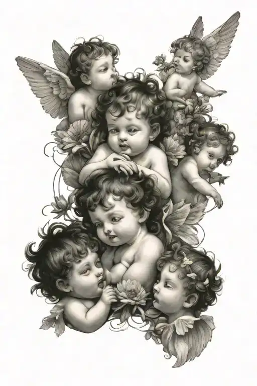 6 Cherubs Blowing A Dandelion Flower
