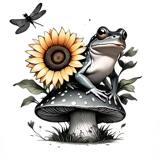 Frog Sitting On A Mushroom With A Sunflower And Dragonfly