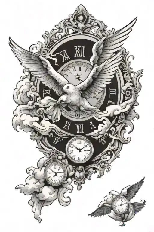 Flying Dove With Clouds And Clock Face