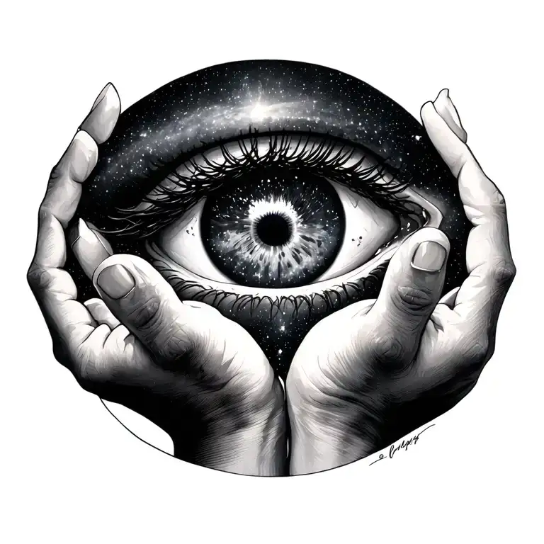 An Eye Floating And Below This Two Hands Taking A Galaxy