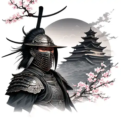Realism Back And Grey Armoured Samurai Wearing A Mask With Castle Sun And Cherry Blossoms