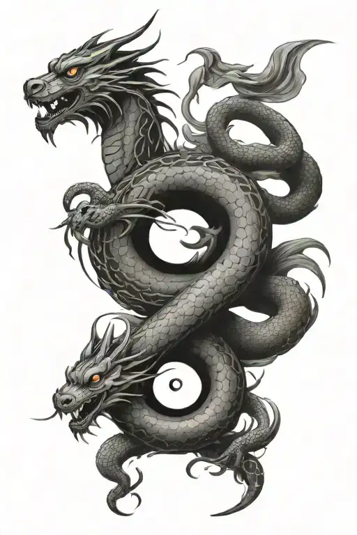 Dragon With Snake And Panther And Yin And Yang Sign