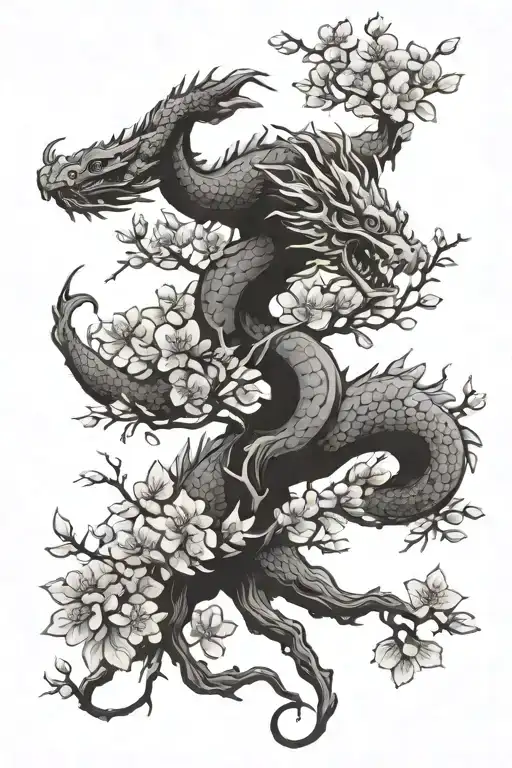 Cherry Blossom Tree With Dragon Flying