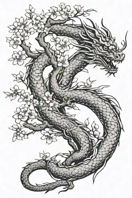Cherry Blossom Tree And Dragon Flying