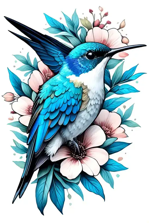 Hummingbird With Blue Bird And Flowers Half Sleeve