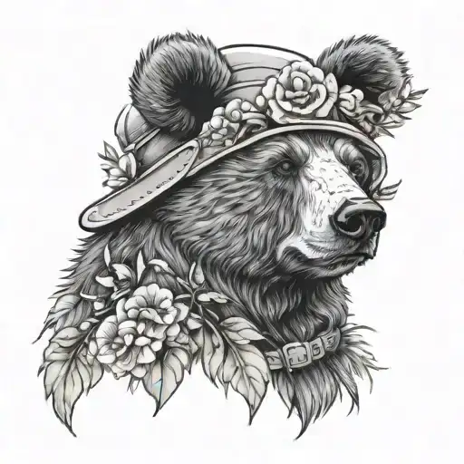 Bear In A Fur Hat With Ushanka With Flowers And Grass