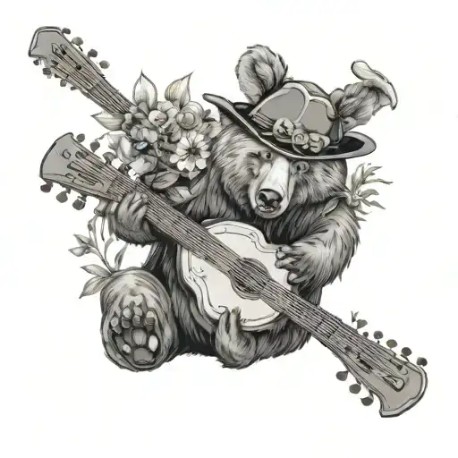 Bear In A Fur Hat With Earflaps With A Balalaika With Flowers And Grass