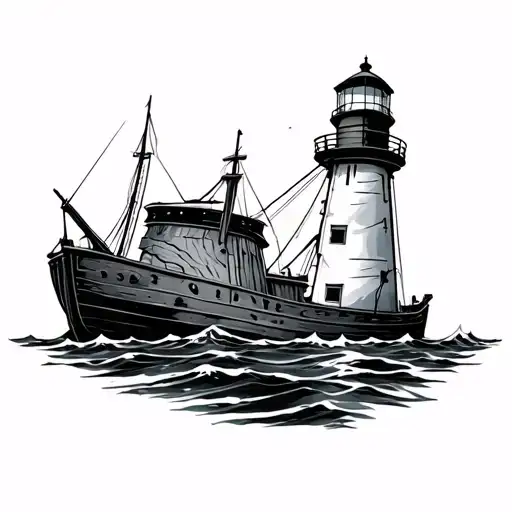 Lighthouse Behind Shipwreck