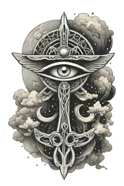 An Ankh Symbol With Eye Surrounded By Clouds And Stars