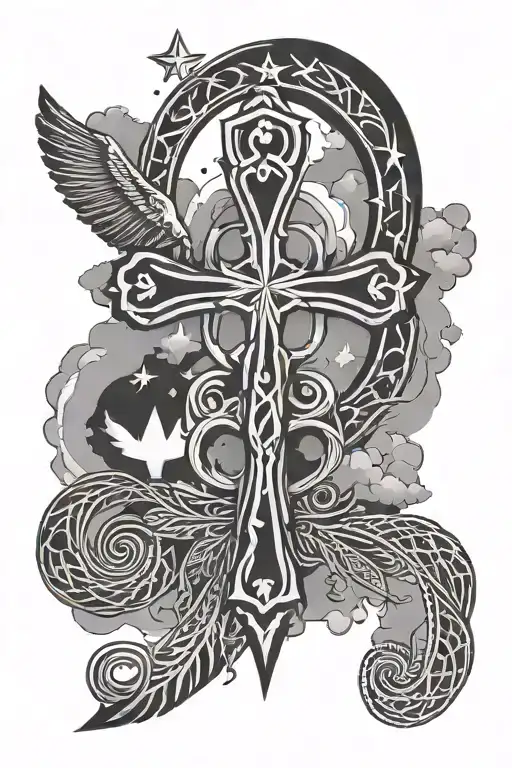 An Ankh Symbol Surrounded By Clouds And Stars