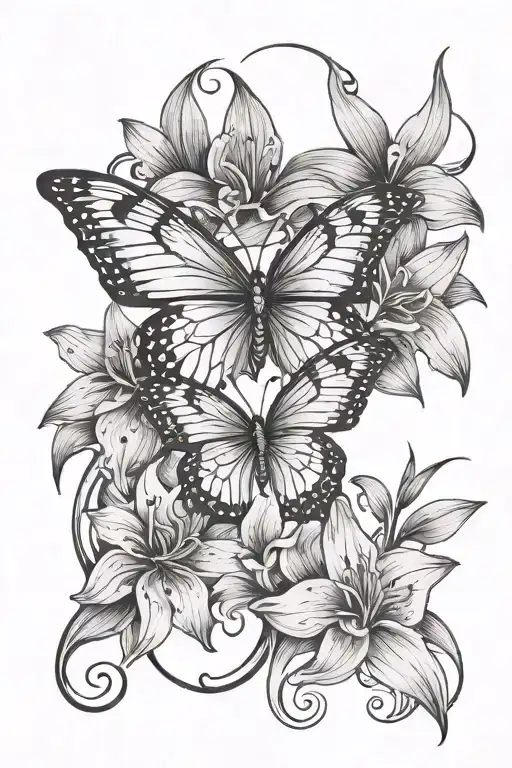 Unalome Symbol With Butterfly And Lily Flowers