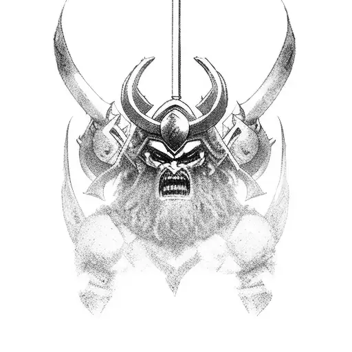 Design A Black And Grey Scene Of A Warrior Battling Demons In Front Of A Castle