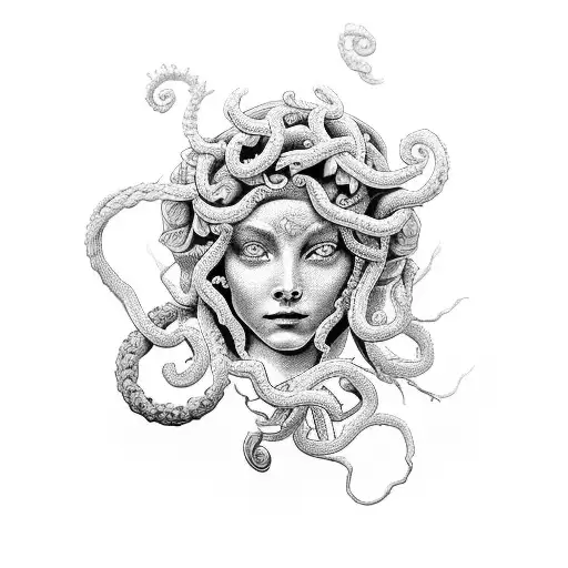 A Black-grey Style Tattoo Of A Medusa With Intricate Roses And Flowers Wrapping Around The Arm