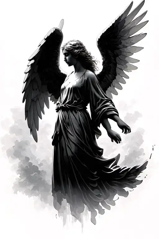 Angel With Wings Descending While Looking Down To The Right