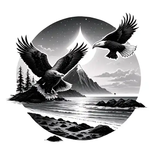 Mountain And Beach With A Star Filled Sky And Moon With An Eagle