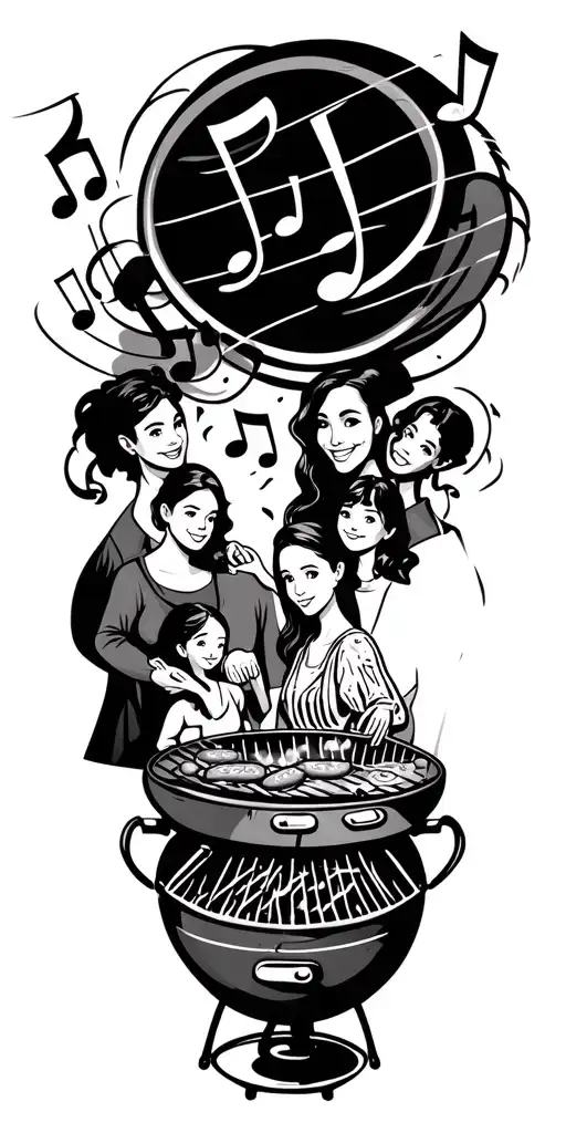 A Family Gathered Around A Bbq Grill With Musical Notes Floating Above
