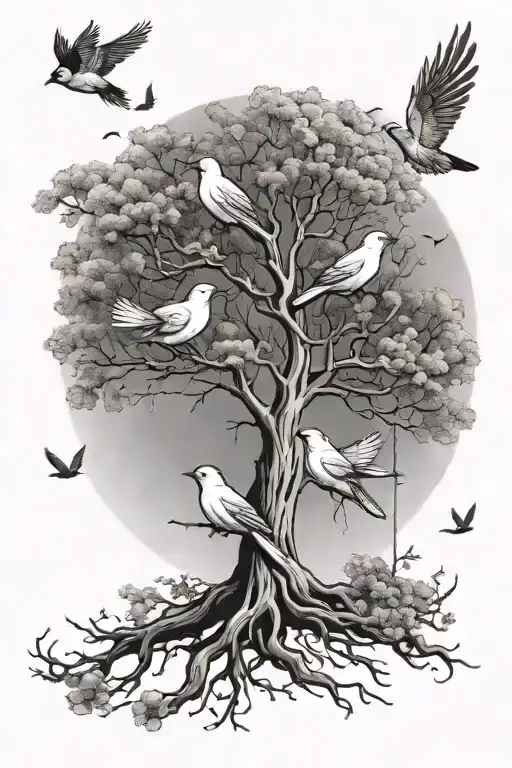 Tree With Two Birds In It And One Flying Away