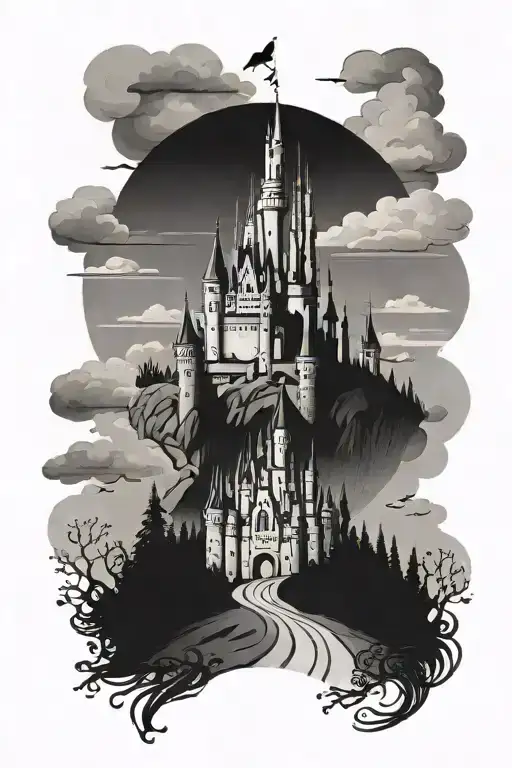 Disney Castle On A Hill With Boy And Girl Holding Hands Walking Towards It