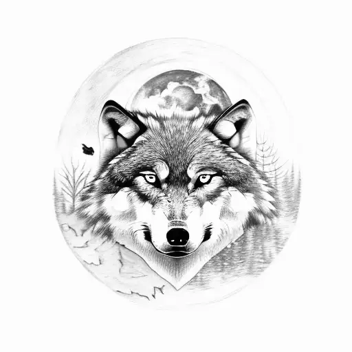 Wolf Head In Forest And Moon Phases
