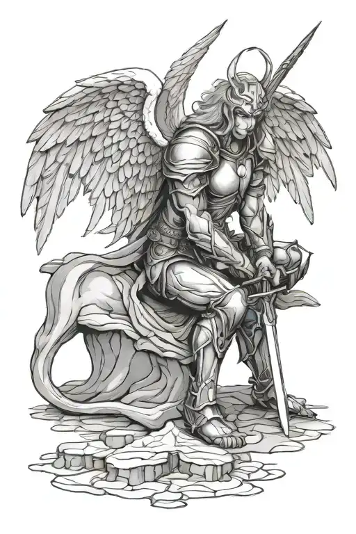 Kneeling Angel Warrior Sword Pointed To Ground Paying Respect