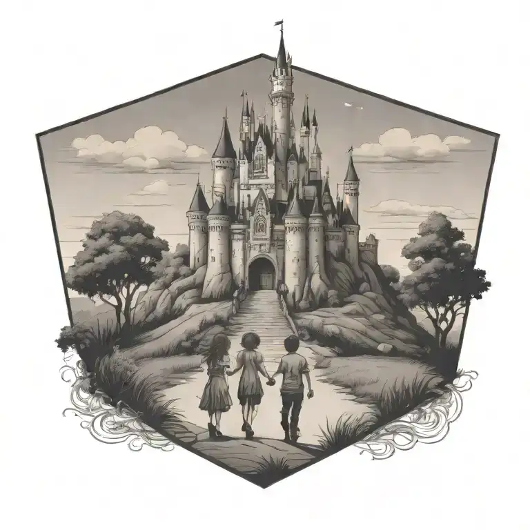 Disney Castle On A Hill With A Boy And Girl Holding Hands Walking Towards It