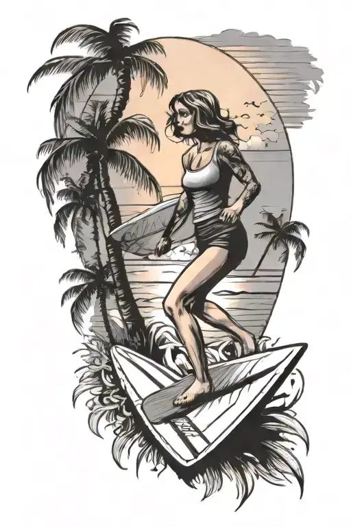 Beach Palm Tree Girl With Surfer Board Sunset Scene
