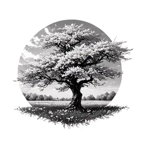 Centenary Cherry Tree In The Middle Of A Red Lycoris Field