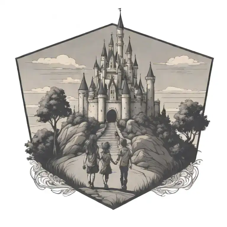 Disney Castle On A Hill With A Boy And A Girl Holding Hands Walking Towards It