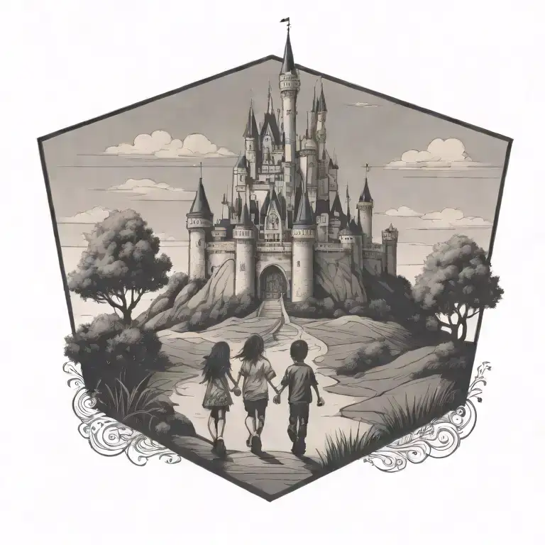 Disney Castle On A Hill With A Boy And A Girl Holding Hands Walking Towards It